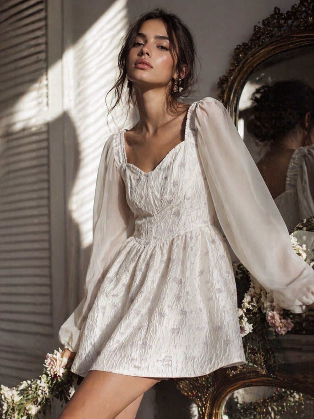 Cider Cream Floral Mini Dress Sheer Sleeves Romantic Cottagecore M